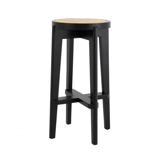 A chic black Scandinavian-inspired bar stool with rattan cane webbing