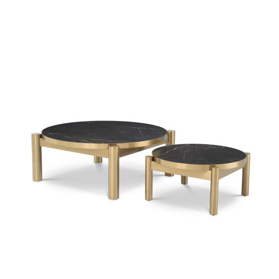A luxurious set of 2 marble and brushed brass coffee tables