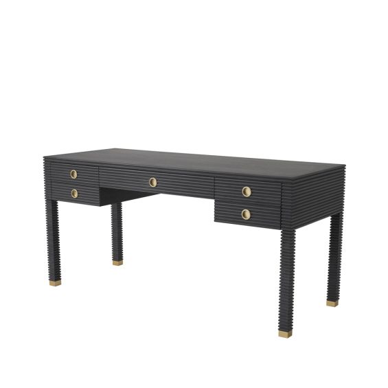 A luxurious charcoal grey luxury desk with a ribbed design and bronze accents 