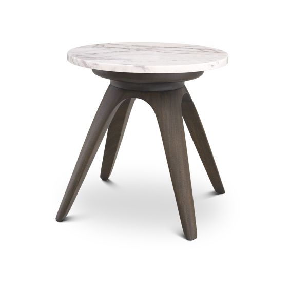 A stylish side table by Eichholtz with an Italian white marble table top and a mocha finish with tapered legs