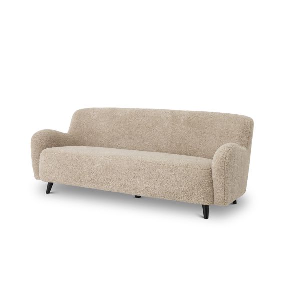 A luxurious mid-century modern inspired Canberra sand upholstered sofa with black legs