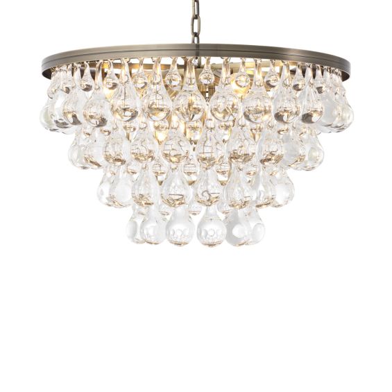 Light brushed brass chandelier with clear glass droplet light bulbs 