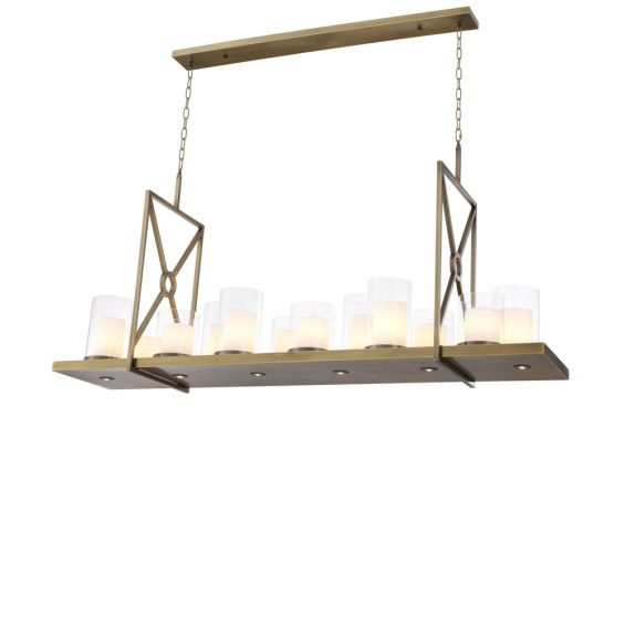 Eichholtz light brushed brass chandelier with a shelf of clear glass faux candle shades 