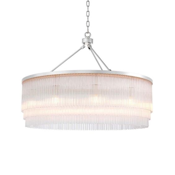 A glamorous art deco inspired chandelier with layers of glass rods