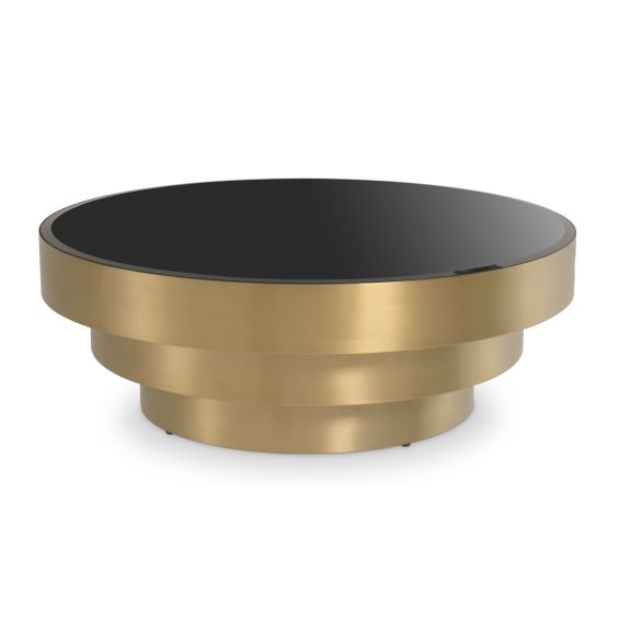 Eichholtz circular brushed brass coffee table with black glass top