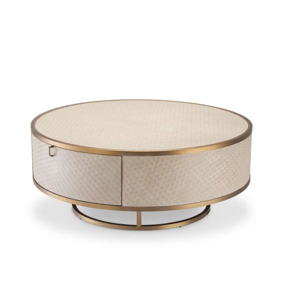 A luxurious washed oak veneer coffee table with a brushed brass frame