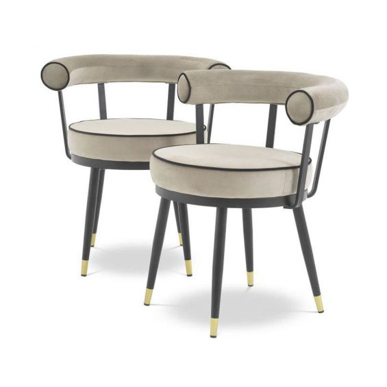 A stunning retro-inspired set of 2 dining chairs in greige velvet