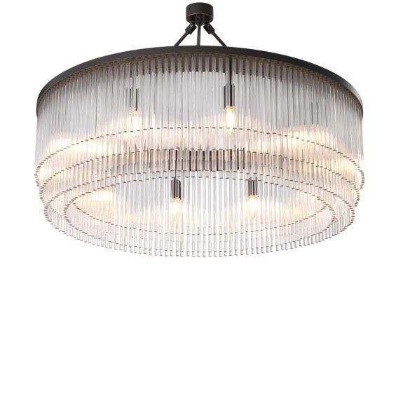 Eichholtz luxurious round chandelier with multiple clear glass rod tiers held by a bronzed iron frame