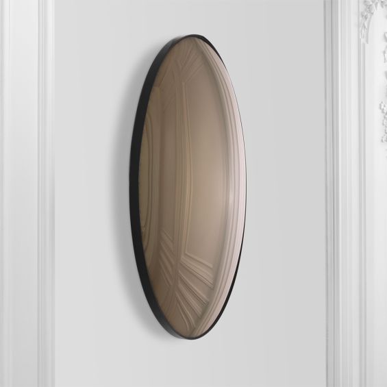 A luxurious brown-tinted convex mirror with a defining black rim