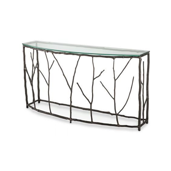 A stylish, nature-inspired console table by Eichholtz with a bronze branch-like frame and semi-circular clear glass top