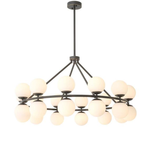 Eichholtz bronze finish chandelier with retro white glass globe lampshades