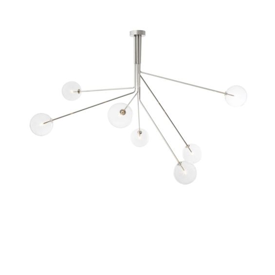 A gorgeous polished nickel sputnik chandelier with glass shades