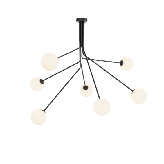A luxurious bronze sputnik chandelier with white glass lampshades