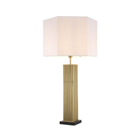 A luxurious golden table lamp with a white shade