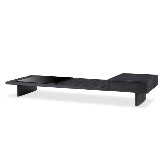 Contemporary luxe charcoal grey oak veneer coffee table with smoke glass top by Eichholtz