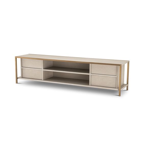 A gorgeous washed oak TV cabinet by Eichholtz finished with brushed brass details