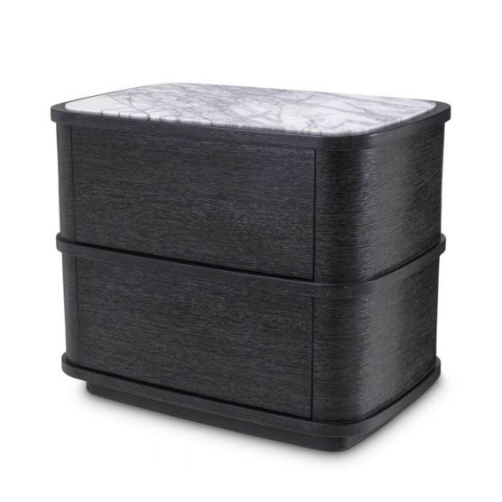 Sleek and contemporary bedside table in charcoal grey with marble top