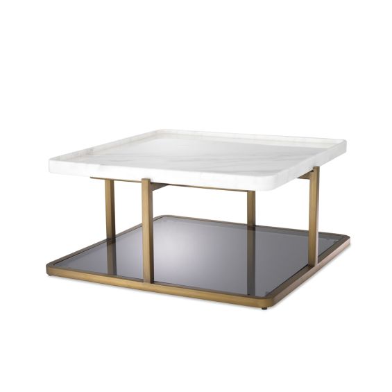 A stylish brushed brass, marble and smoked glass coffee table