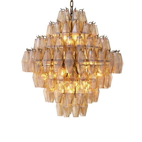 A gorgeous diamond shaped chandelier with antiqued brass and gold glass.