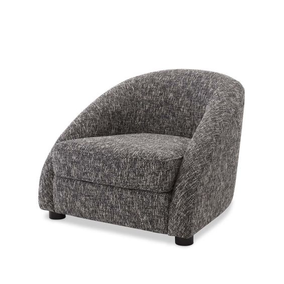 A gorgeous grey and black upholstered curved seat.