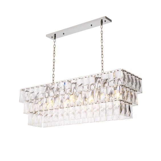 A luxurious rectangular chandelier by Eichholtz with a glamorous crystal glass fitting and nickel finish 