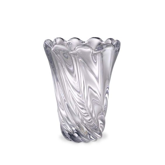 A clear handblown glass vase