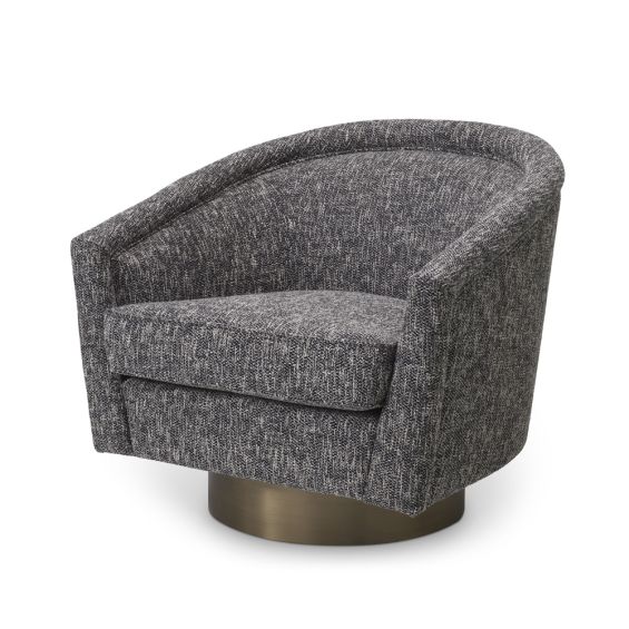 A stylish dark grey armchair with a matte gold swivel base