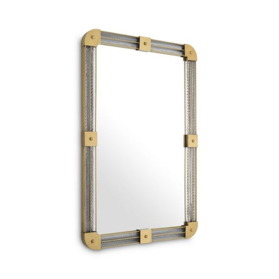 Mirror with glass frame and elegant brass accents. 