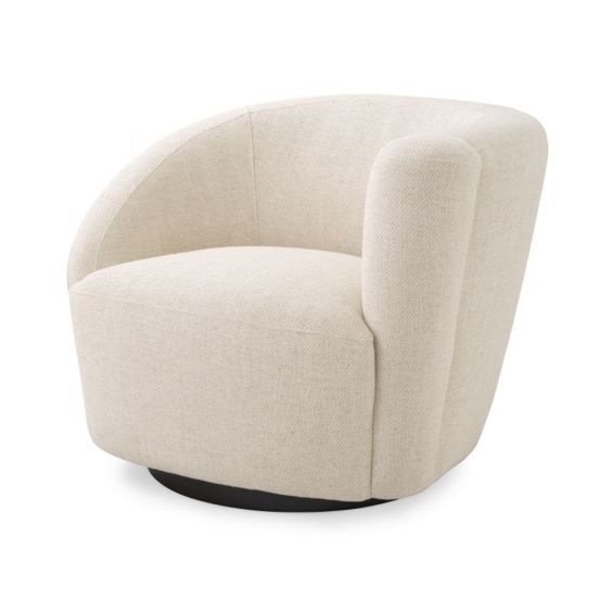 A stylish swivel chair with an asymmetric back upholstered in a natural linen fabric mounted on a black base 