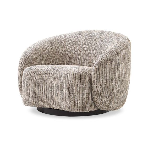 A rustic inspired swivel chair upholstered in a beige like fabric.
