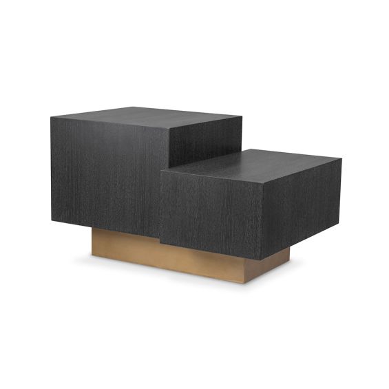 A bold and beautiful side table by Eichholtz with two blocks crafted from charcoal grey oak veneer and a brushed brass base