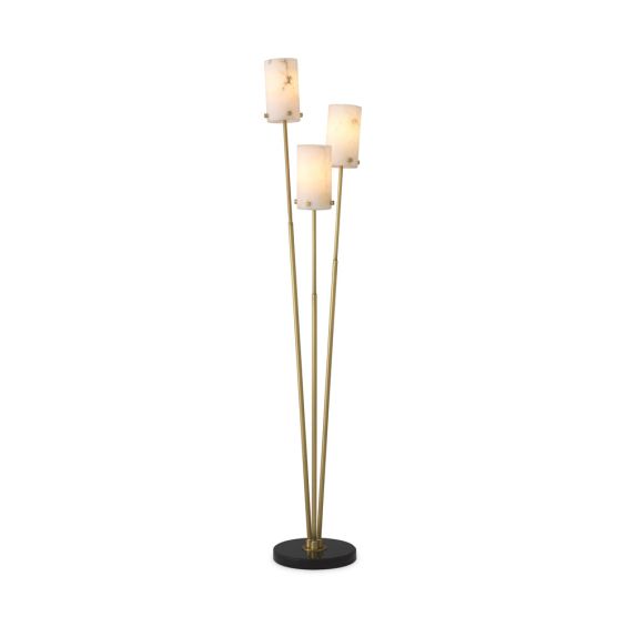 A stylish floor lamp by Eichholtz with three alabaster lamp holders fitted on antique brass stems with a honed black marble base