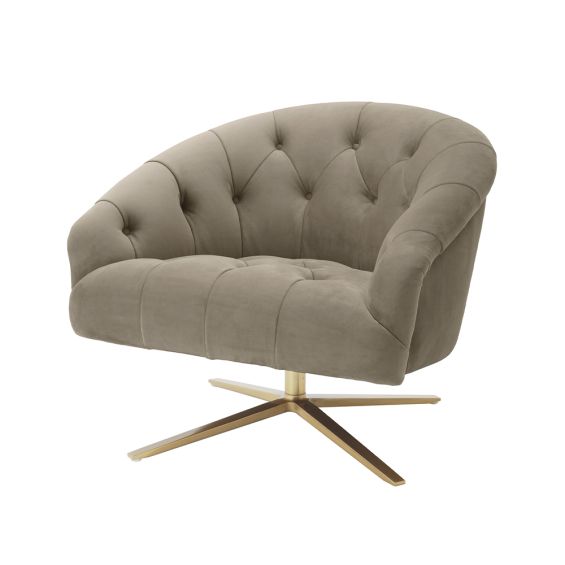 A sumptuous swivel chair by Eichholtz with a tufted greige velvet upholstery and cross shaped brushed brass swivel base 