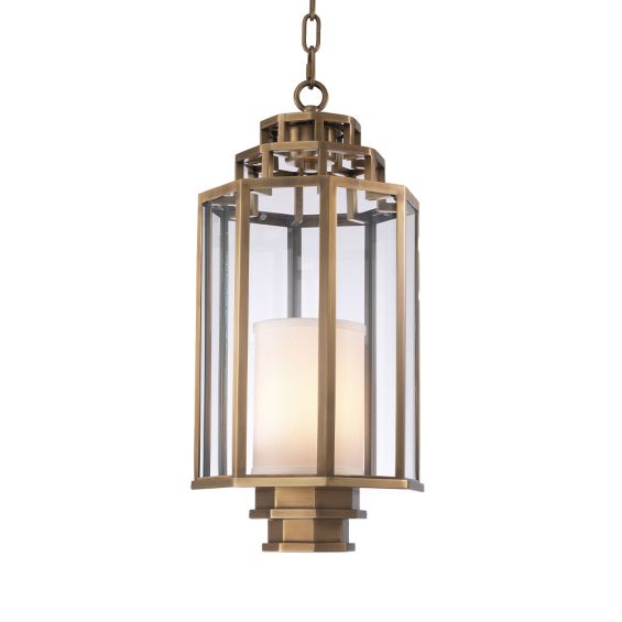 A classic lantern style ceiling light with an antique brass finish
