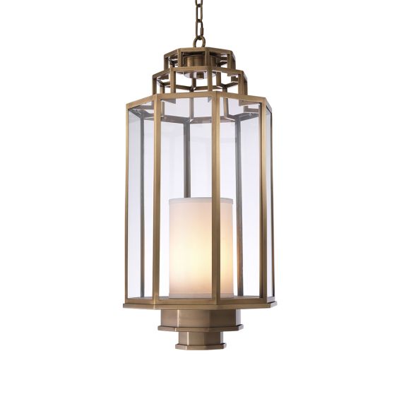 A traditional, octagonal lantern style ceiling light with an antique brass finish 