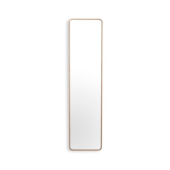 Rectangular mirror with glamourous rounded edges and a brass finish frame