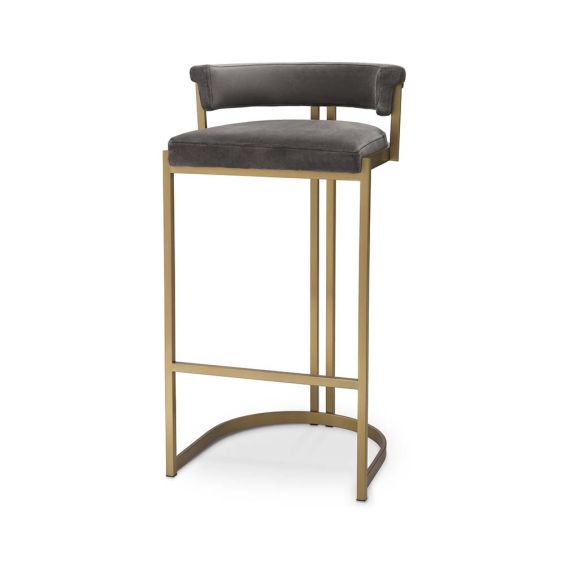 Art Deco inspired bar stool with a brushed brass frame and a grey velvet seat.