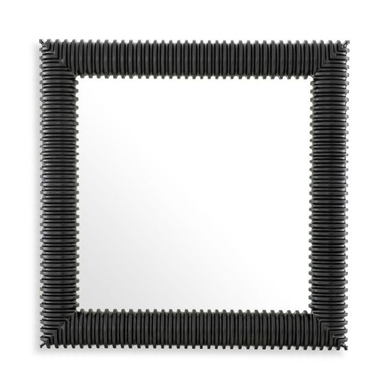 This beautiful, black mirror is hand-carved from solid mahogany wood and features a square shaped frame showcasing a row pattern in high relief. 