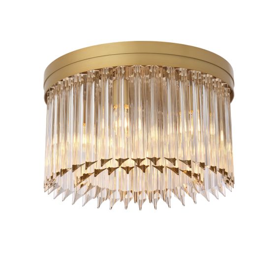 A luxurious, Art Deco inspired ceiling light by Eichholtz with an antique brass finish and rows of clear glass rods