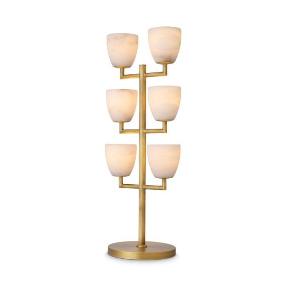 A luxurious, candelabra style side lamp crafted from alabaster with an antique brass finish