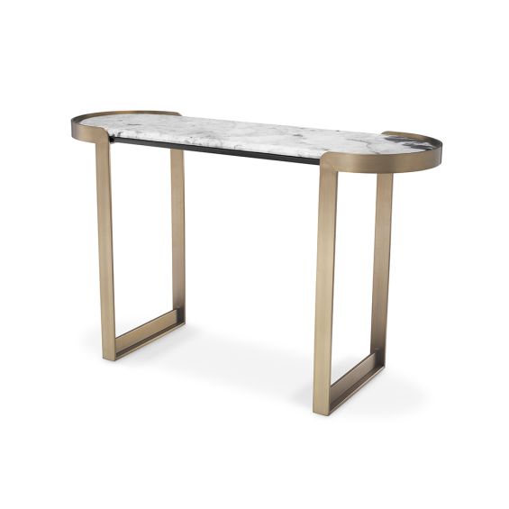 An Art-Deco inspired console table by Eichholtz with a white marble top and brushed brass finish