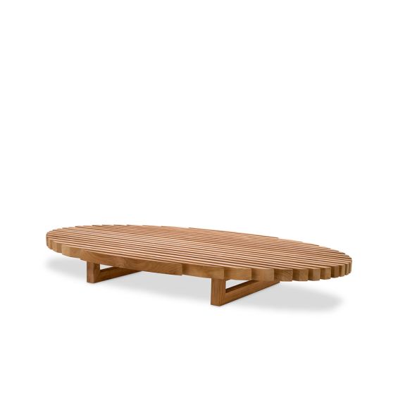 A sophisticated and slatted natural teak outdoor coffee table by Eichholtz