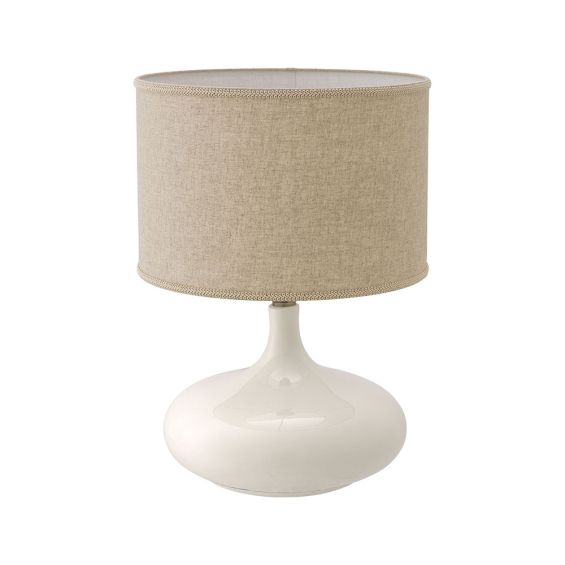 Beautiful table lamp with sweeping curves and natural linen shade with subtle embroidery