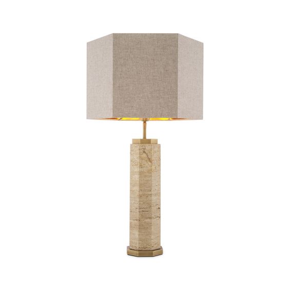 Gorgeous modern table lamp with hexagonal linen shade and travertine finish