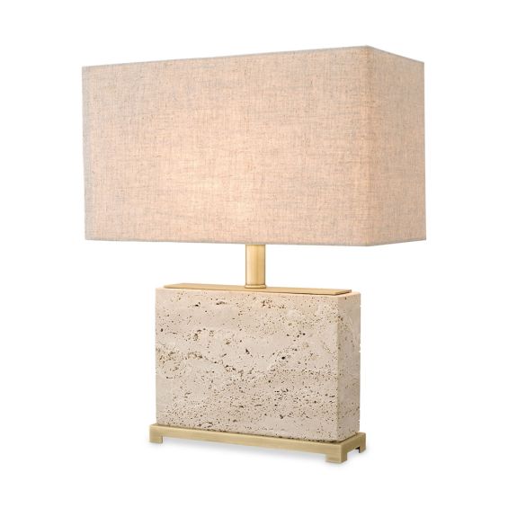 Striking, modern travertine table lamp with brass accents