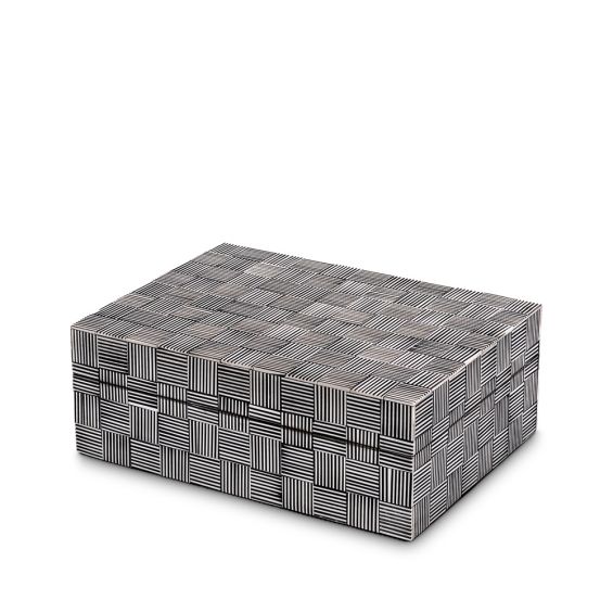 Intricate square patterned black and white storage box