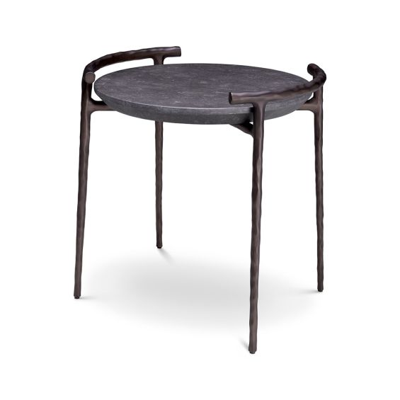 Elegant round side table wit black marble surface and minimal bronze frame