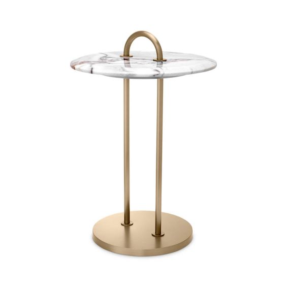 Striking side table with round marble top and brass frame with round handle detail