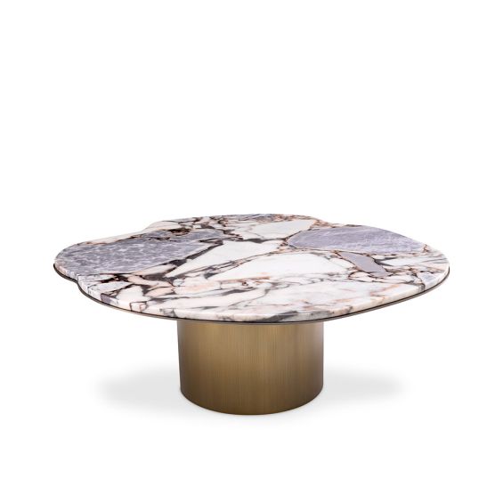 Shapiro Side Table by Eichholtz. A stainless steel base with a brushed brass finish supports the asymmetrical marbled top. This reliable coffee table truly adds a sophisticated touch to any room. 