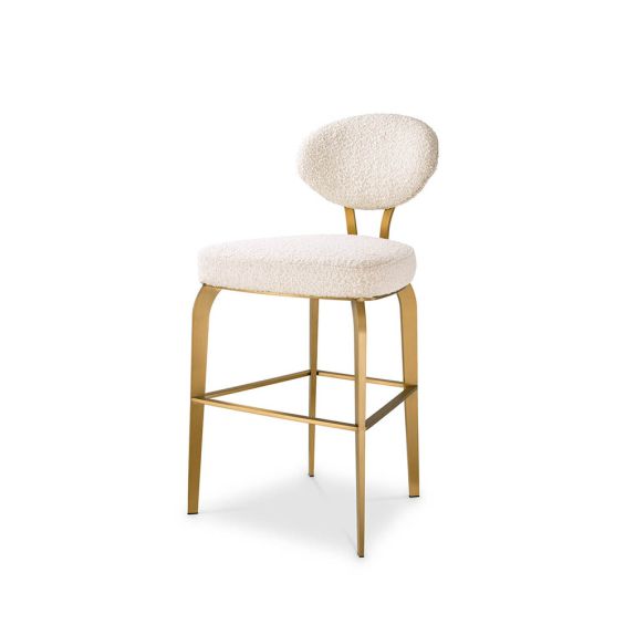 Luxurious boucle counter stool with rounded back and brass legs
